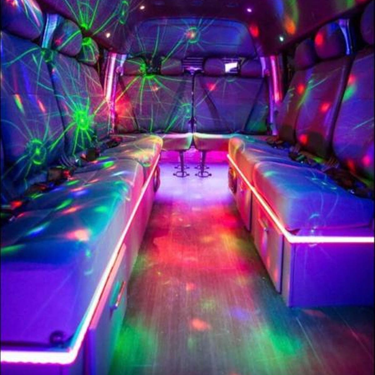 Interior of the 14 seater party limo with the lights running