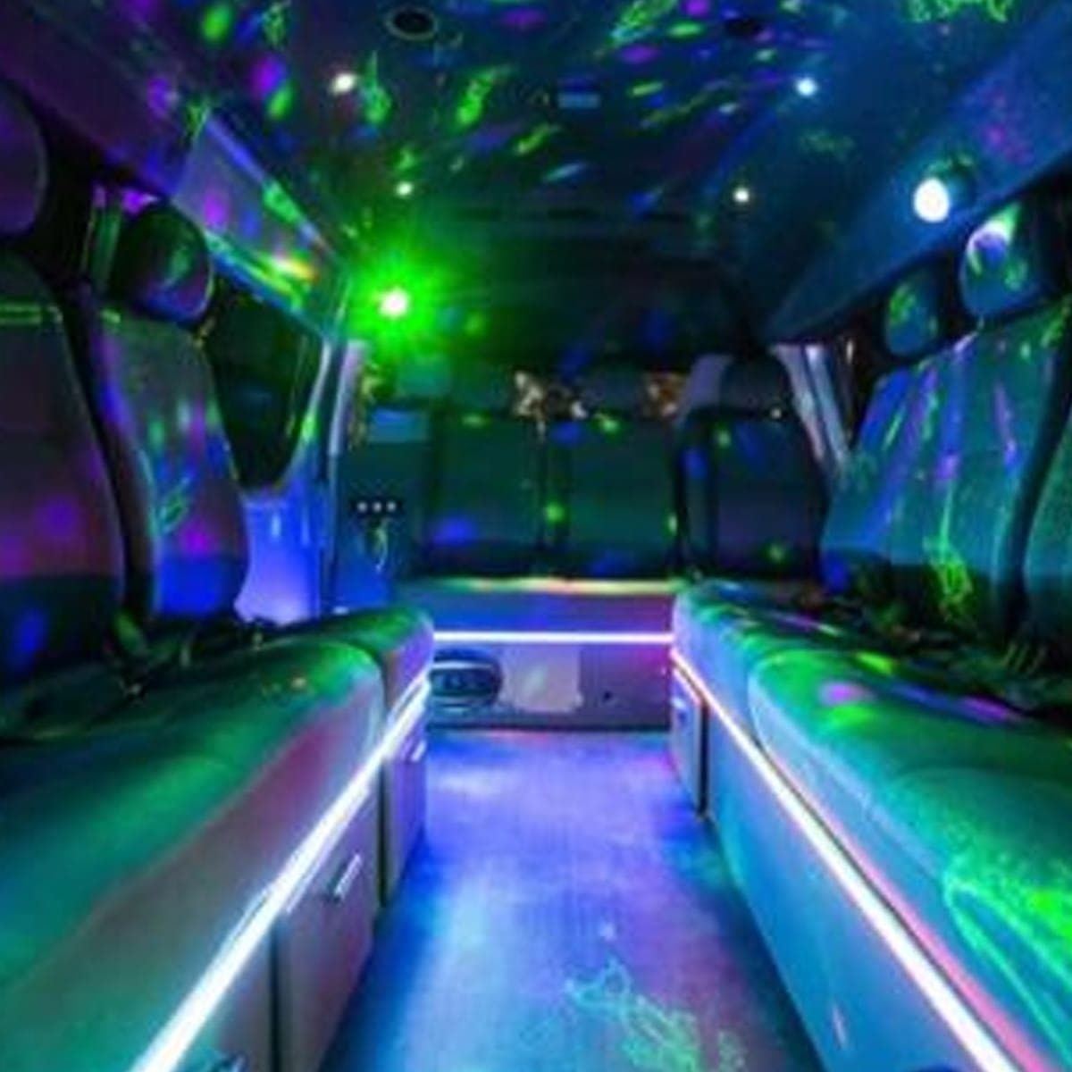 The 14 seater party limo interior looking towards the rear
