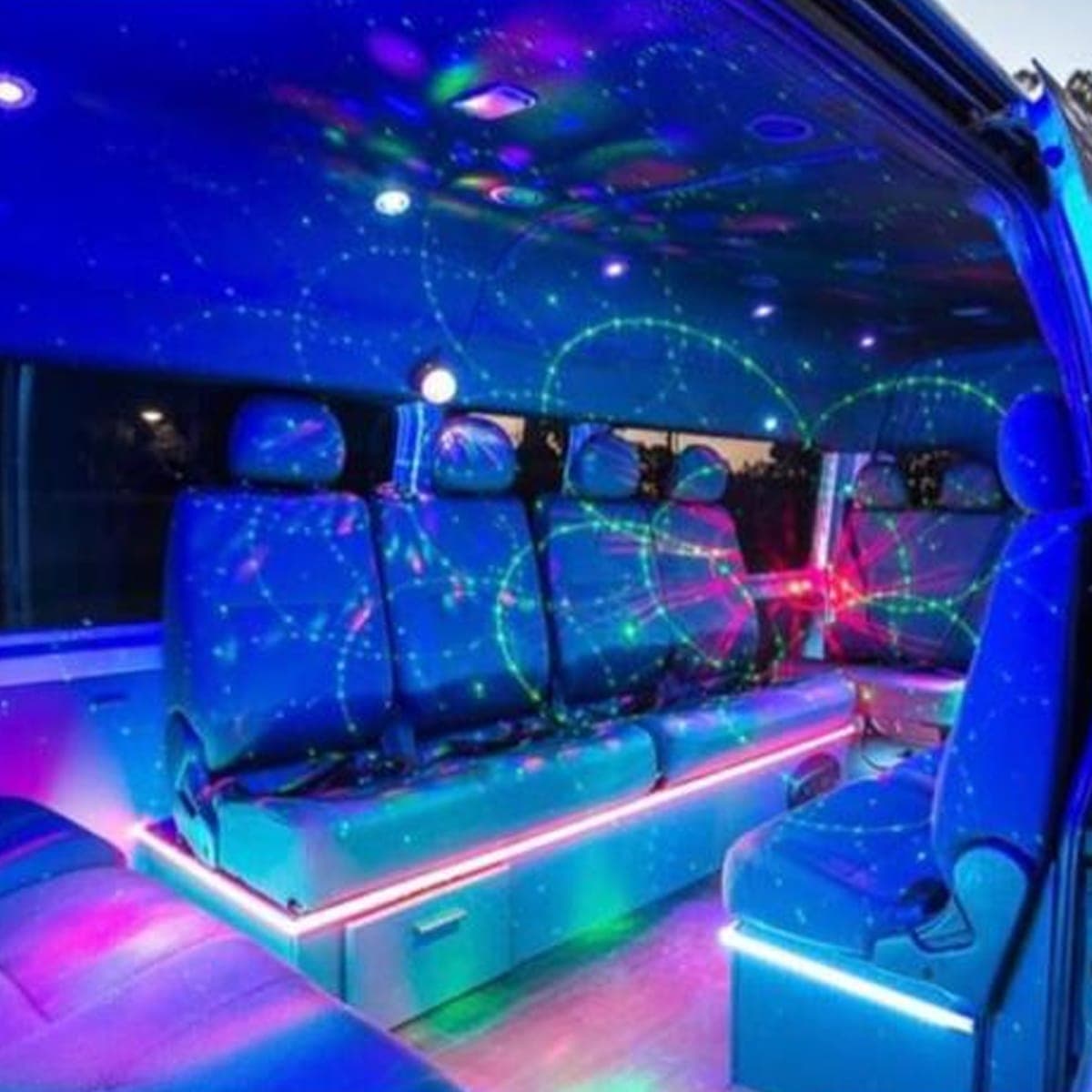LED strip lighting along the bench seats of the 14 seater