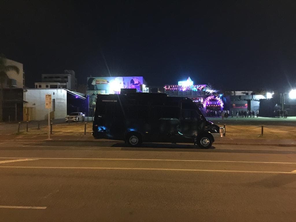 The 21 seater party bus waiting outside an event