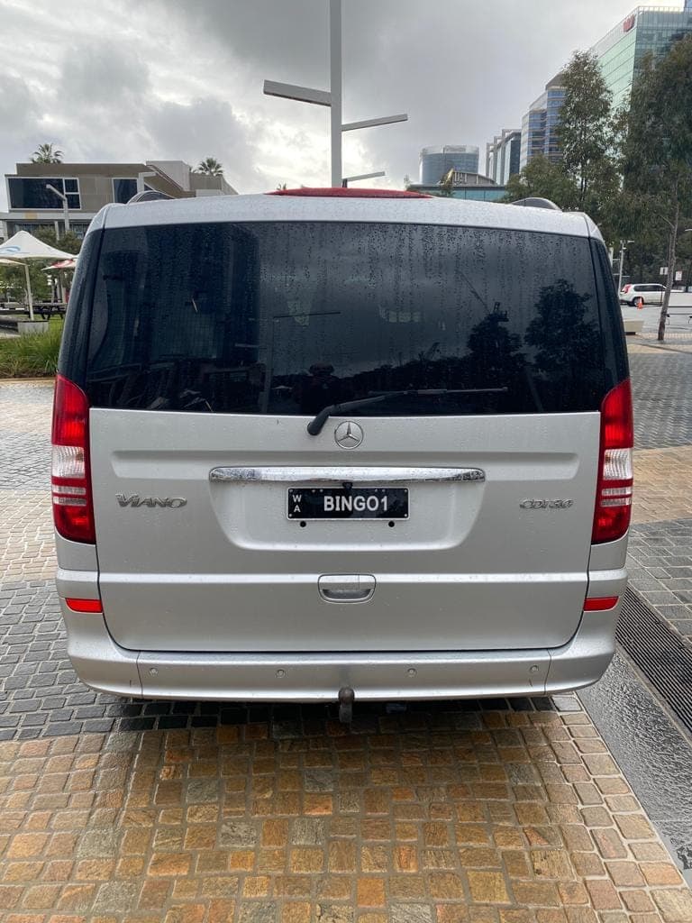 Rear of the 7 seater Mercedes, showing the BINGO 1 plate